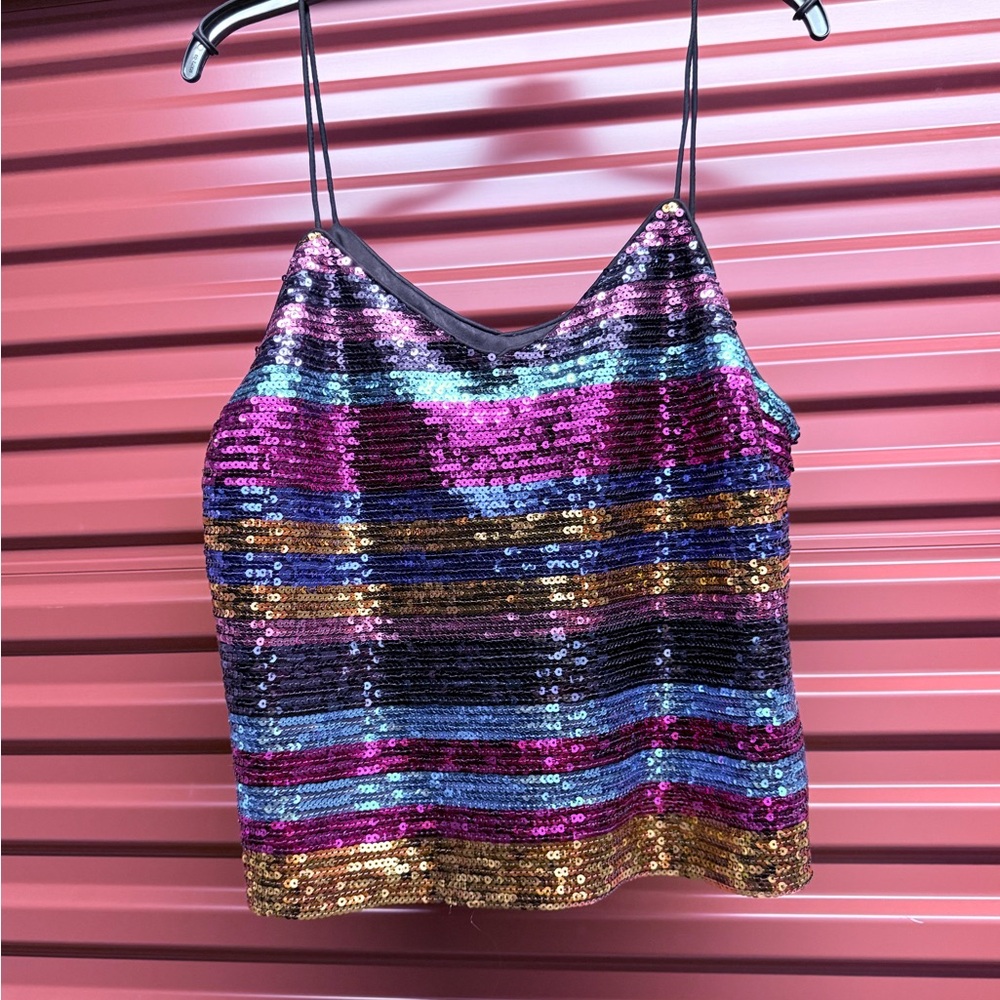 Wayf Gold and Blue Sequin Crop Camisole